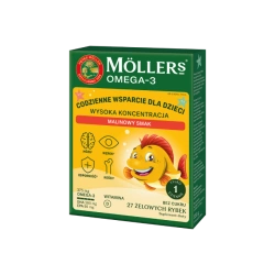 Moller's Omega-3 Wysoka koncentracja, smak malinowy, żelki rybki, 27 sztuk