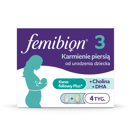 Femibion 3 Karmienie Piersią, suplement na okres karmienia piersią, zawiera zawiera Kwas Foliowy Plus, cholinę, DHA, opakowanie na 4 tygodnie, 28 tabletek i 28 kapsułek